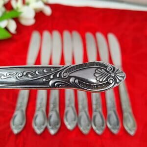 9X Kimco K1010 Stainless Floral Scroll Black DINNER Butter Knives